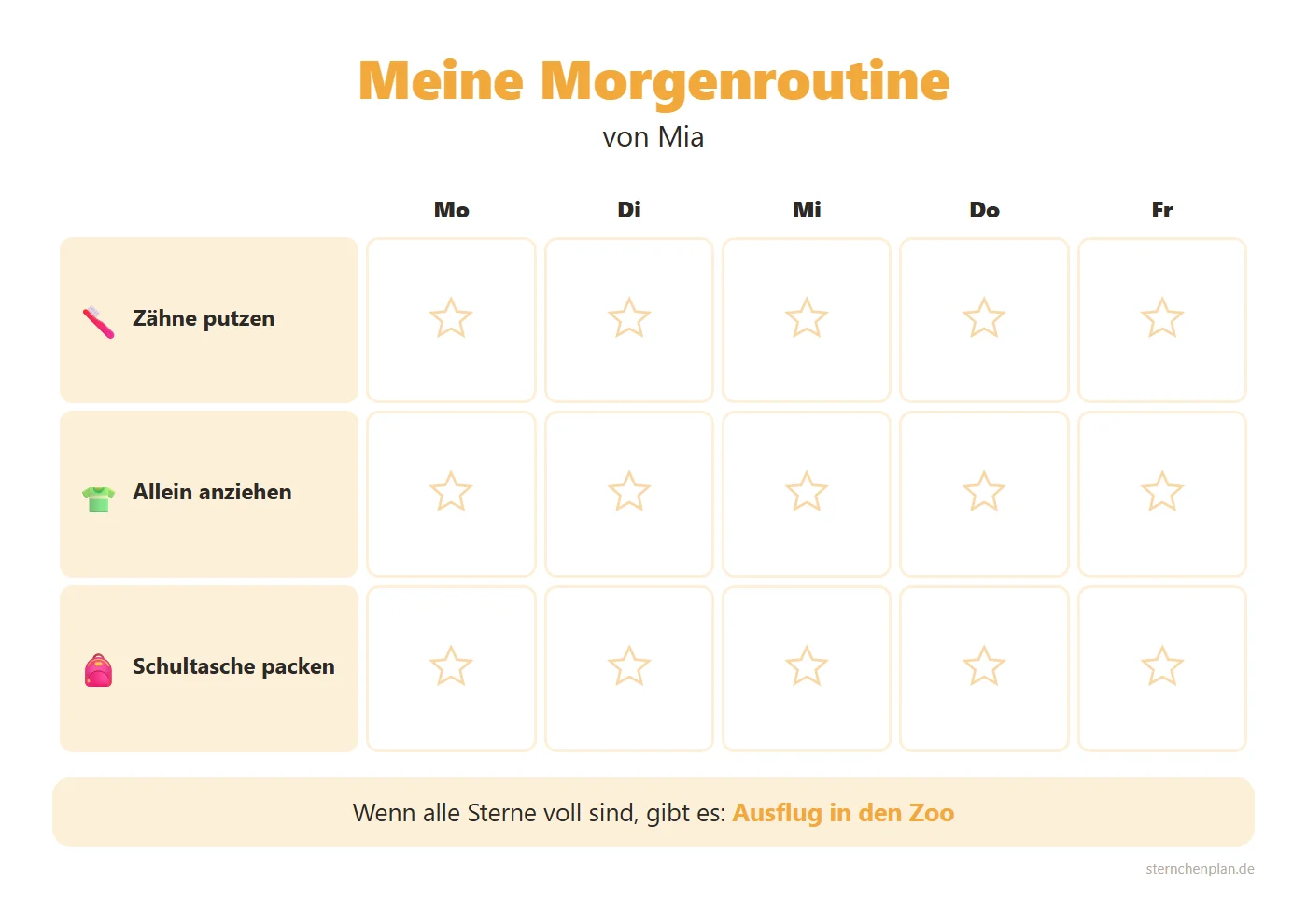 Belohnungstafel als Wochenplan für die Morgenroutine mit drei Aufgaben: Zähne putzen, allein anziehen, Schultasche packen, je ein Stern pro Tag von Montag bis Freitag
