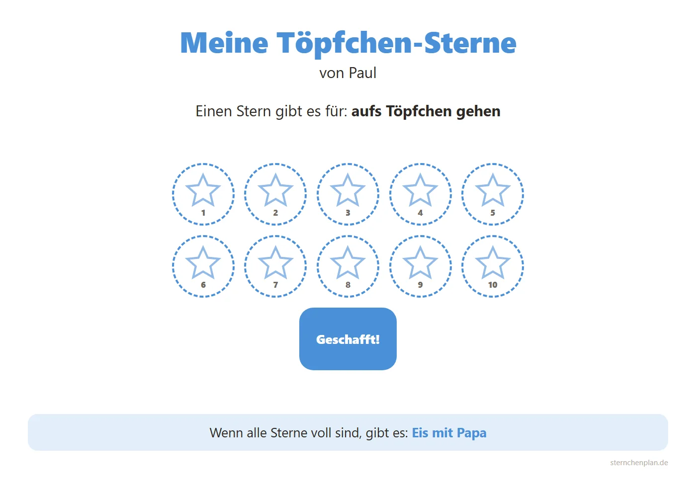 Belohnungstafel für das Töpfchentraining mit 10 Sternen zum Sammeln und dem Feld Geschafft am Ende
